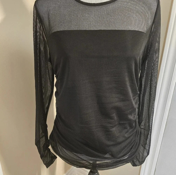 DKNY Mesh Sheer Top Gathered  Long Sleeve Lined Ruched Black size L - Picture 4 of 9